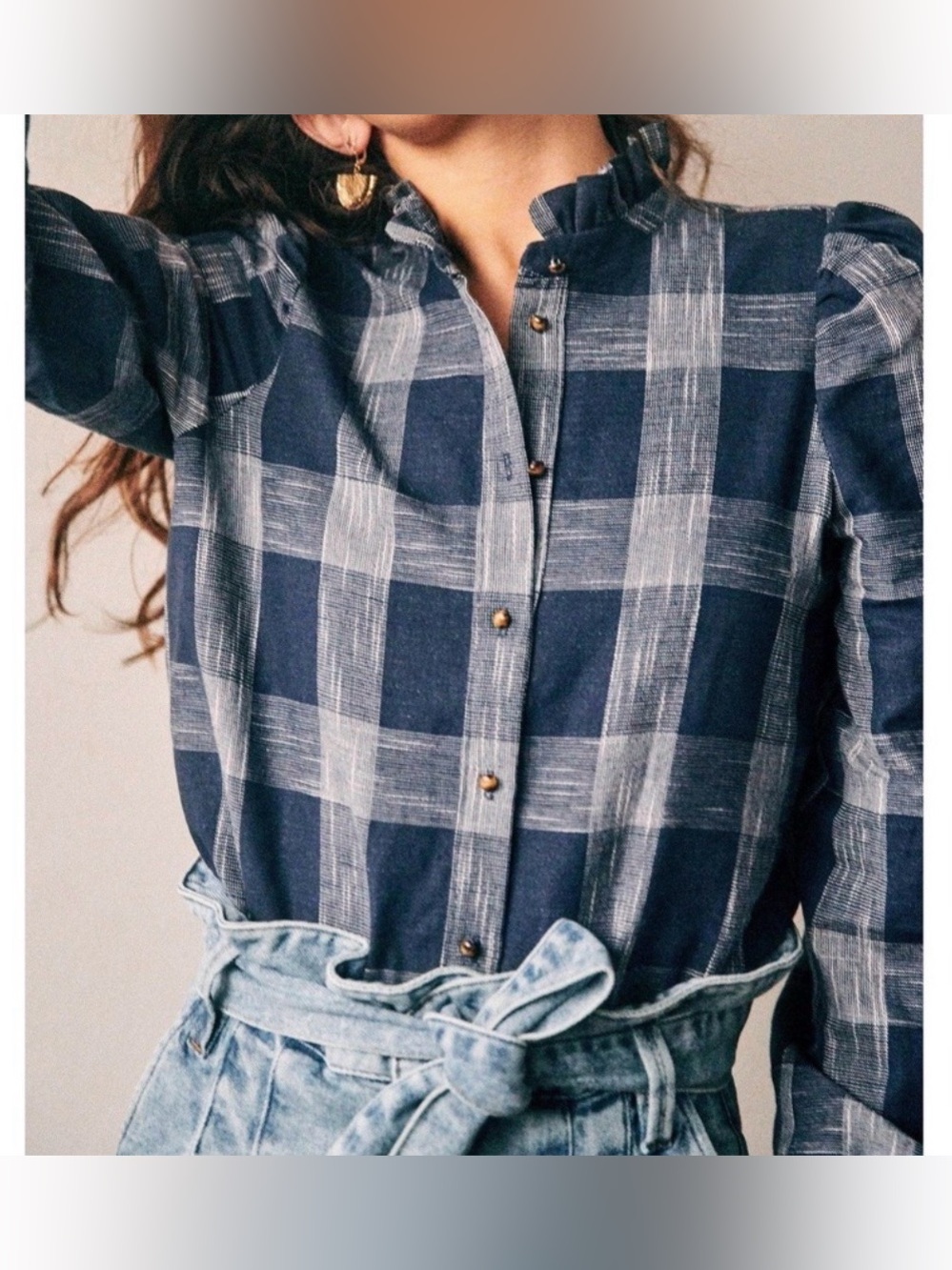 SEZANE lamie blue check button down shirt 36 small ruffle hem country new york